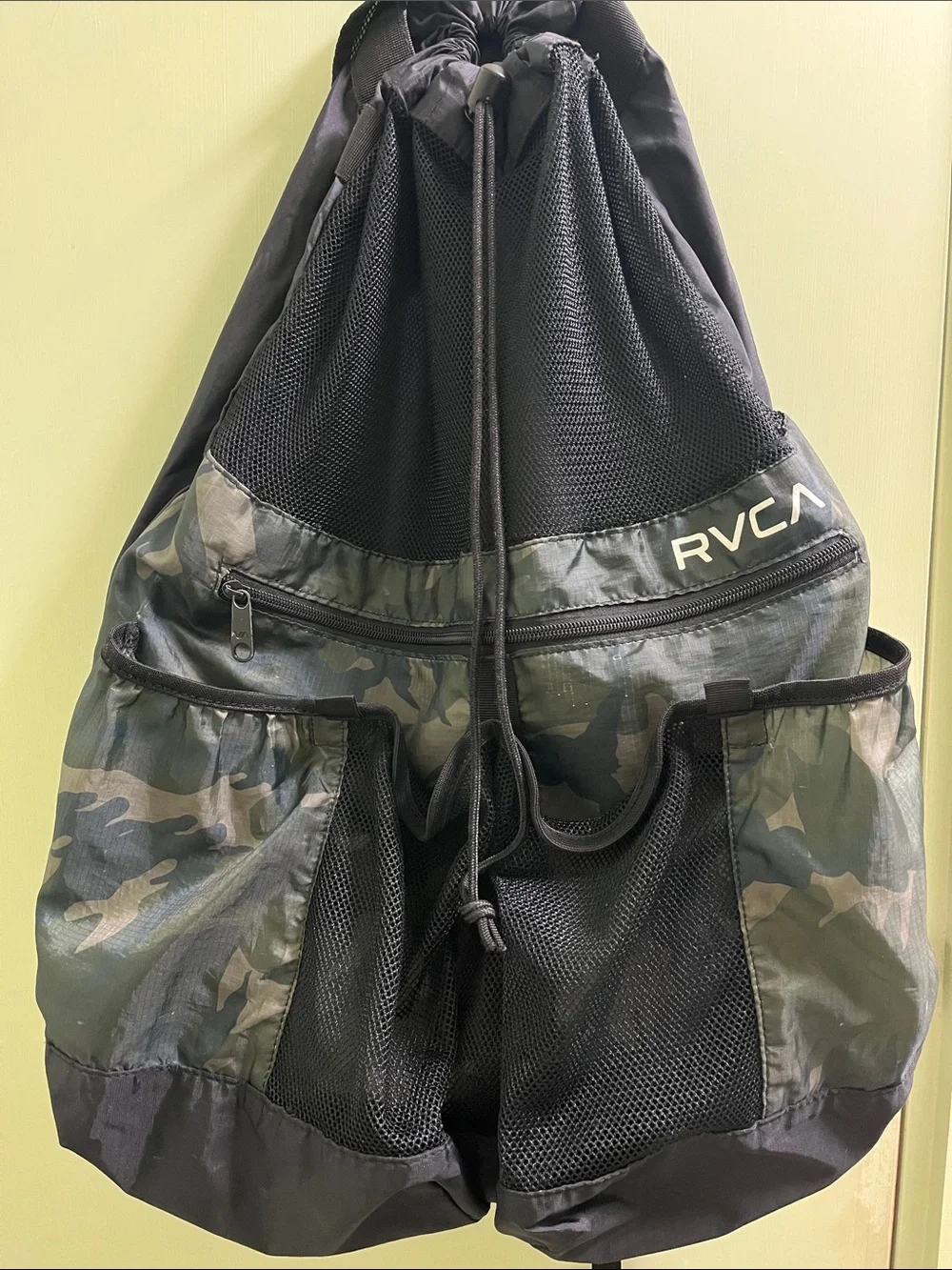 RVCA Camouflage Drawstring Backpack with Black Mesh Accents